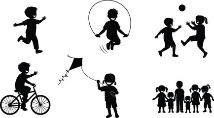 Children playing silhouettes, kids jumping rope, riding bike, flying kite, playing ball, group of kids, active outdoor fun vector