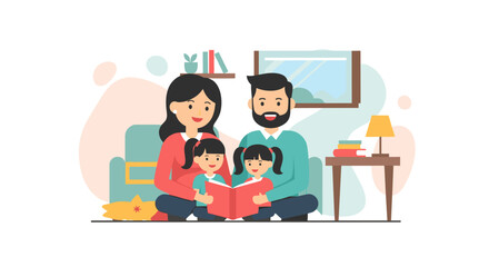 Happy family with parents reading a storybook to their two young daughters at home, fostering learning and bonding.