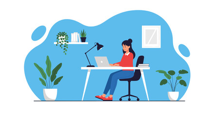 Woman working remotely on laptop at her home office desk, surrounded by plants. Concept of freelance, productivity, and modern lifestyle.
