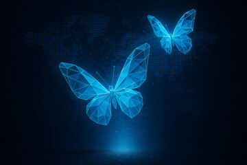 Glowing blue holographic butterflies in dark digital background representing futuristic technology, innovation, and virtual nature