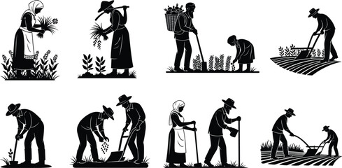 Farmers working in fields, planting, harvesting, watering crops, rural agriculture, farming activities, traditional farming, farm workers, agricultural labor, black silhouettes