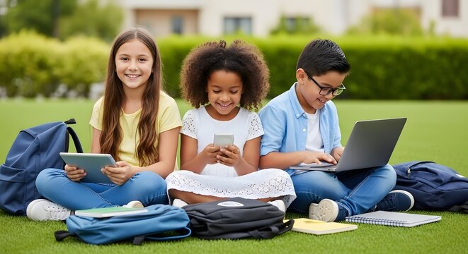 Beta Generation children sitting on green grass using modern technology for e-learning, representing friendship and education in the digital age - Powered by Adobe