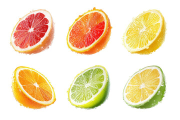 Obraz premium Citrus fruit wheel slices of grapefruit, orange, lemon, lime PNG set, cutout isolated on transparent background. Fresh drink garnish decoration graphic resource