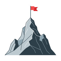 Mountain peak with red flag in minimalist flat design on isolated background  