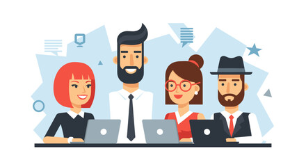 Diverse business team collaborating and working together on laptops. Represents teamwork, professional development, and modern office productivity.