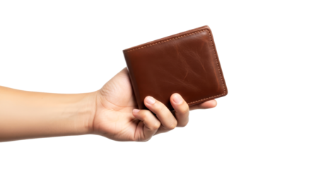 presenting classic brown leather wallet a hand holding essential accessory, perfect gift, isolated on transparent background