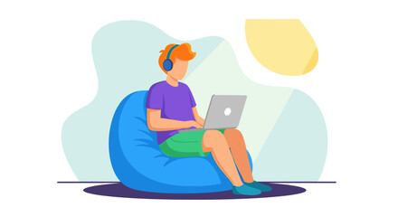 Young person with headphones working on a laptop while relaxing in a bean bag chair. Ideal for concepts of remote work, online education, or digital leisure and comfort.