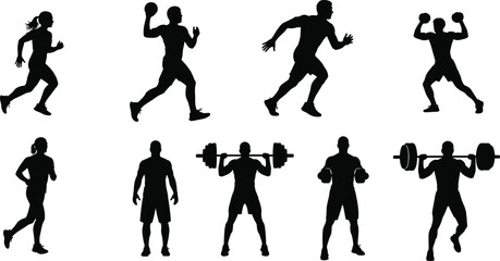 Fitness workout silhouettes, athlete training icons, weightlifting, running, exercise poses, gym bodybuilder figures, health and sports activity illustrations