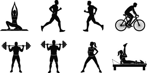 Fitness vector illustration, yoga, running, cycling, weightlifting, Pilates, workout poses, exercise silhouettes, healthy lifestyle, black and white drawing, gym training
