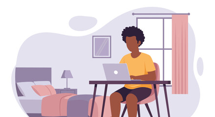 Fototapeta premium Young man working on laptop from his bedroom, illustrating remote work, online learning, or digital lifestyle. Perfect for business and technology concepts.