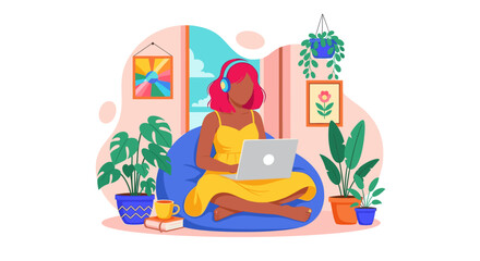 Woman with headphones working comfortably on laptop at home, surrounded by plants and art. Represents remote work, online learning, or modern digital lifestyle.