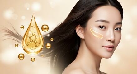 Woman face skin care serum oil gold beauty cosmetic cream healthy young model