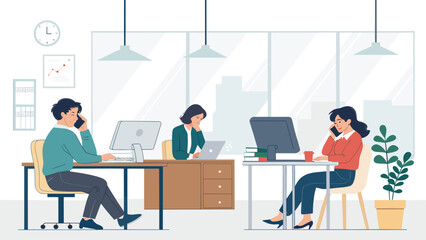 Busy office workers collaborate and communicate in a modern corporate environment, emphasizing productivity and teamwork for business success.