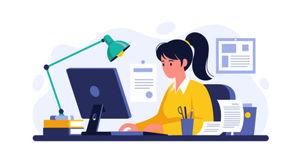 Smiling woman efficiently working on her computer at an office desk, illustrating productivity, remote work, or modern business concepts.