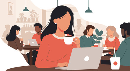 Diverse individuals engaged in remote work and social interaction within a modern co-working cafe, embodying productivity and flexible professional life.