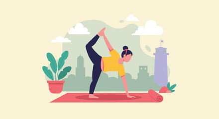 Woman finds balance and serenity practicing yoga outdoors. This illustration conveys fitness, health, and a mindful urban lifestyle.