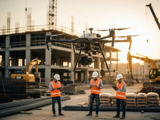 Fototapeta premium Drone flies low monitoring workers’ activities at construction project site.