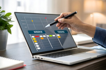 Person analyzing project timeline on laptop with stylus on transparent background