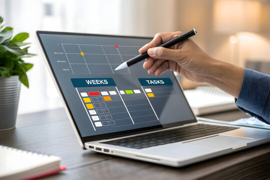 Person analyzing project timeline on laptop with stylus on transparent background