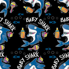Seamless pattern with cute cartoon of a cute cartoon shark. Vector illustration.
