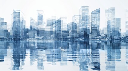 Abstract Minimalist Design of Modern Smart City: Transparent Glass Architecture with Water Surface Reflection, Blending Finance, Business & Digital Innovation for Future Urban Development