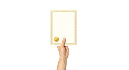 presenting your achievement a hand holds a blank certificate with golden seal, isolated on transparent background