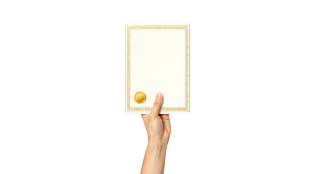 presenting your achievement a hand holds a blank certificate with golden seal, isolated on transparent background