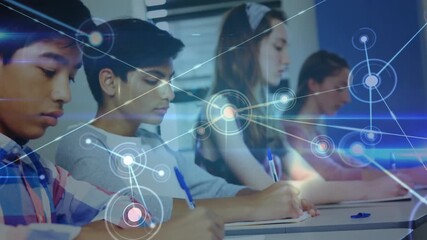 Animation of connections over diverse students learning at school - Powered by Adobe