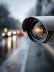 Surveillance Camera on Rainy Street with Blurred Traffic Background