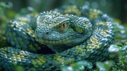 Fototapeta premium A detailed close-up of a vibrant green lizard with striking yellow eyes, coiled amidst lush foliage, showcasing its intricate scales and natural camouflage