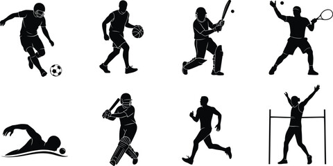 Silhouettes of athletes playing soccer, basketball, cricket, tennis, swimming, running, and high jump, sports action, fitness, competition, athletic movement