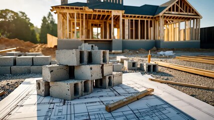 Wooden frame house under construction with concrete blocks and timber materials arranged on foundation site