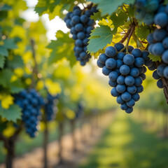 Fototapeta premium A close-up view of a grapevine branch featuring clusters of ripe blue grapes.