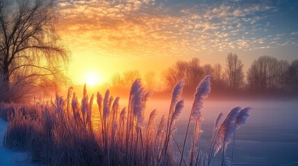 Serene Frozen Winter Landscape at Sunrise with Reeds in Fog, Glistening Grass, and Dreamy Sky