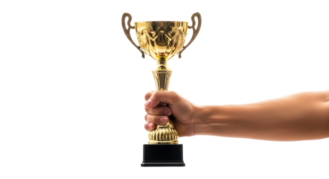 triumphant victory a hand holds high a golden trophy, symbolizing achievement and success, isolated on transparent background