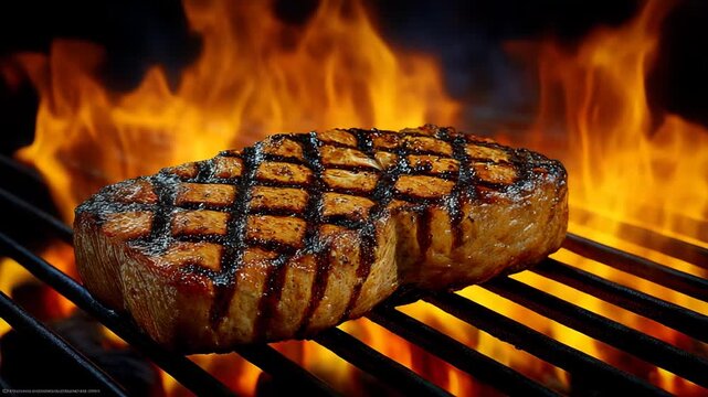 Appetizing steak is fried on the grill. Golden crust and characteristic pattern of the grill. The concept of barbecue and delicious food.