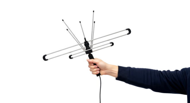 unleash crystalclear television a hand holds a sleek, modern indoor tv antenna, ensuring superior reception and broadcast clarity, isolated on transparent background