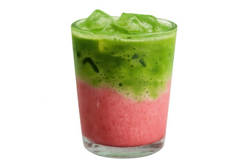 Green matcha and strawberry milk layering into refreshing summer drink, highlighting wellness trend with colorful beverage aesthetic