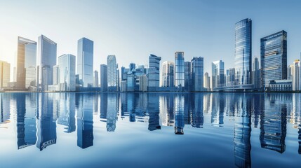 Obraz premium Abstract Minimalist Design of Modern Smart City: Transparent Glass Architecture with Water Surface Reflection, Blending Finance, Business & Digital Innovation for Future Urban Development