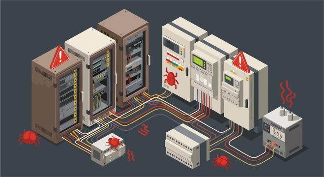 Isometric data center under cyber attack with virus and warnings Cybersecurity Malware Network System Failure Vulnerability Threat Digital Vector Illustration