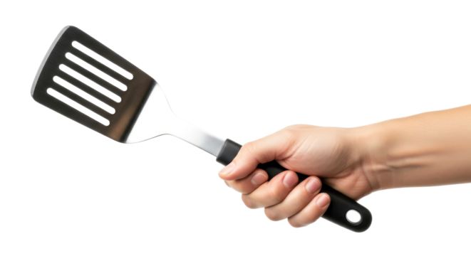 a culinary artists hand presents a sleek, modern spatula a symbol of culinary precision and passion, isolated on transparent background