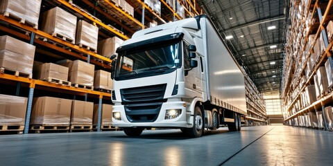 Busy Indoor Logistics Scene Featuring a White Lorry in a Large Distribution Warehouse Environment