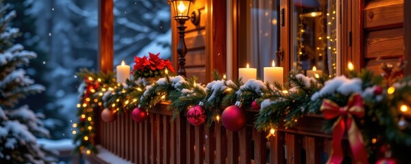 a cozy christmas balcony with warm fairy lights draped along the railing, red and gold ornaments hanging, pine garlands, candles glowing softly, and snow gently falling in the background