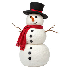 Snowman wearing scarf and top hat isolated on transparent background  
