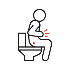 Person sitting in toilet with pain in stomach and defecation diarrhea line icon. Ache hemorrhoids, indigestion. Vector outline illustration