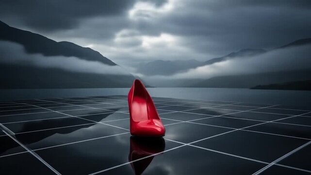 Red High Heel Shoe Standing on Reflective Black Surface with Mountain Lake and Dramatic Sky