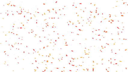 Whimsical scattering of vibrant red and orange confetti against a clean white background