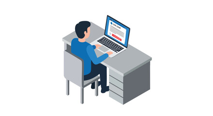 Isometric man using laptop for live chat support online customer service communication digital vector flat
