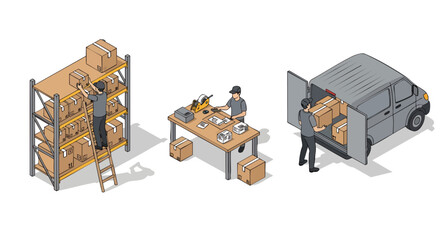 Isometric logistics warehouse delivery shipping process illustration set packaging van boxes worker commerce supplychain