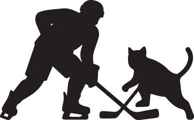 Fototapeta premium Hockey player and cat silhouette engaged in play on ice
